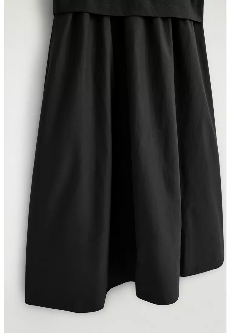 CONTRAST-PANEL BOAT-NECK MIDI DRESS