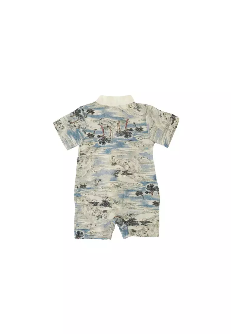 中國風景畫山水房屋嬰兒男孩唐裝漢服連身褲0840