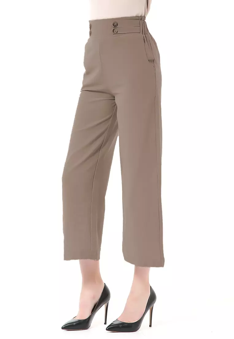 Stella Casual Long Pants Wanita Celana Kulot Highwaist Double Botton Material Linen ORIGINAL - Choco