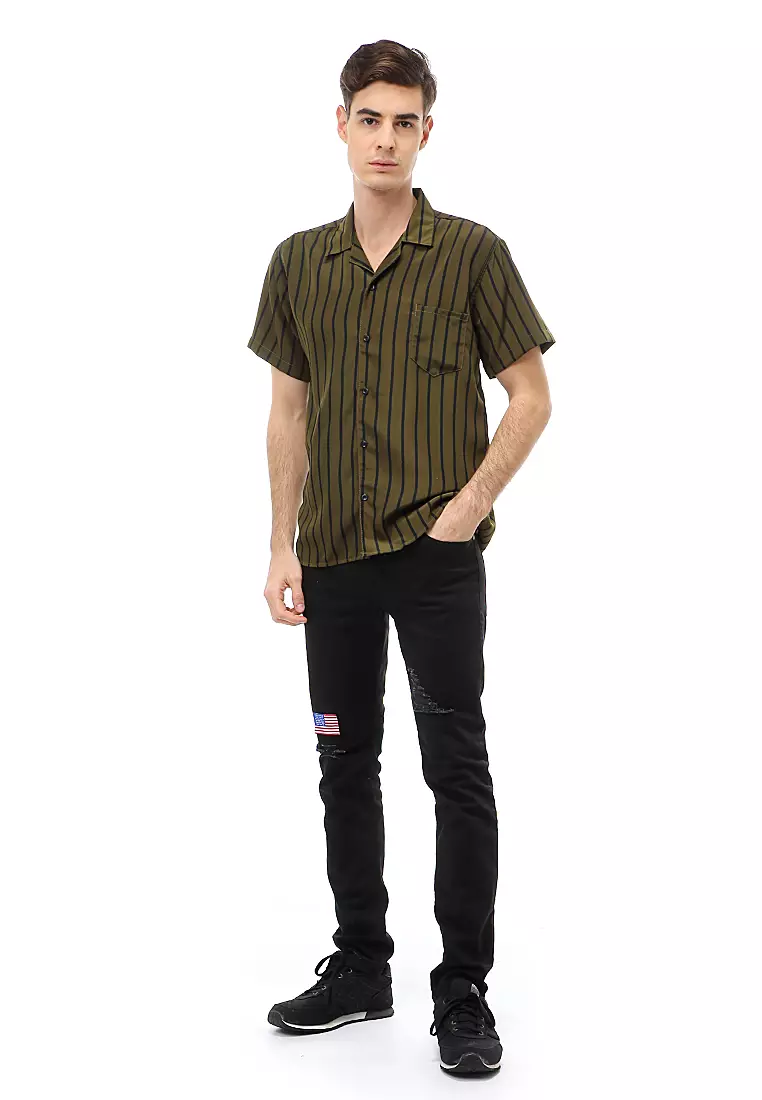 Dwan Atasan Kasual Pria Kemeja Salur Lengan Pendek Material Cotton ORIGINAL