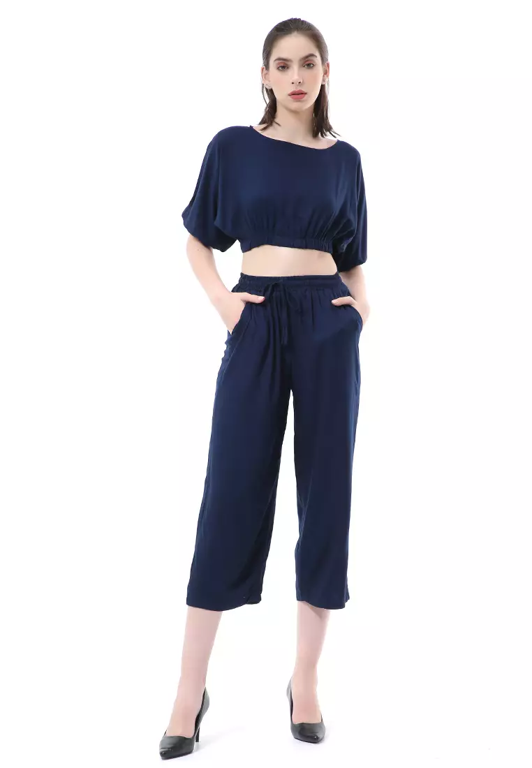 Nayra One Set Setelan Wanita Atasan Crop Lengan 3/4 Celana Kulot Material Rayon ORIGINAL - Navy