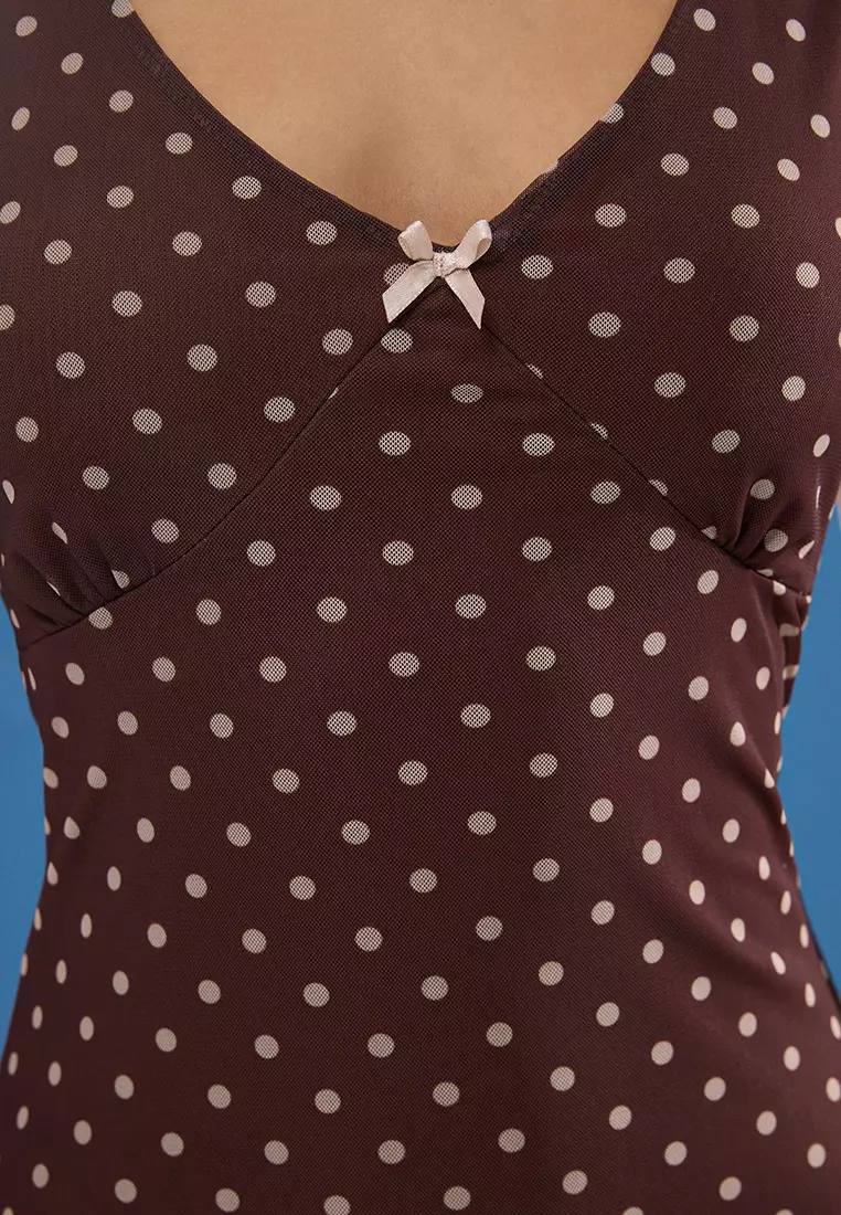 Brown Fitted/Body Fitted Polka Dot Bow Maxi Tulle Stretch Knit Dress Twoss25El00361