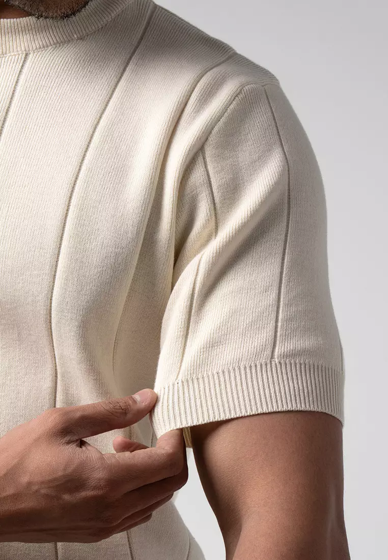 Mens Striped Knitted T-Shirt Cotton Off White SS