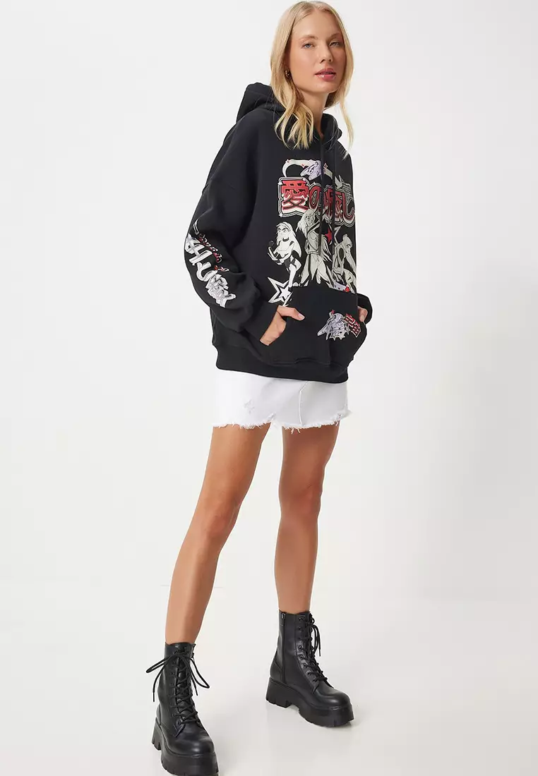 Printed Hooded Raised Knitted Sweatshirt