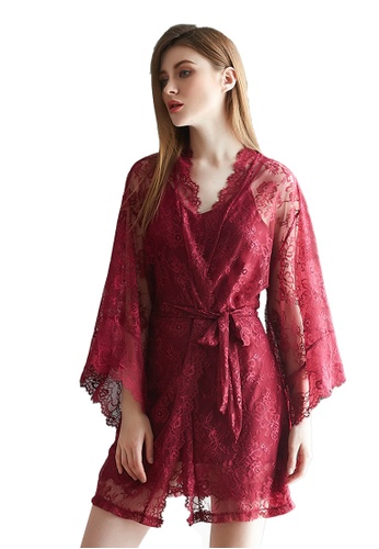 LYCKA red LMX1053-Lady Lace Pajamas Two Pieces Set-Red CB31EAAE31A48CGS_1