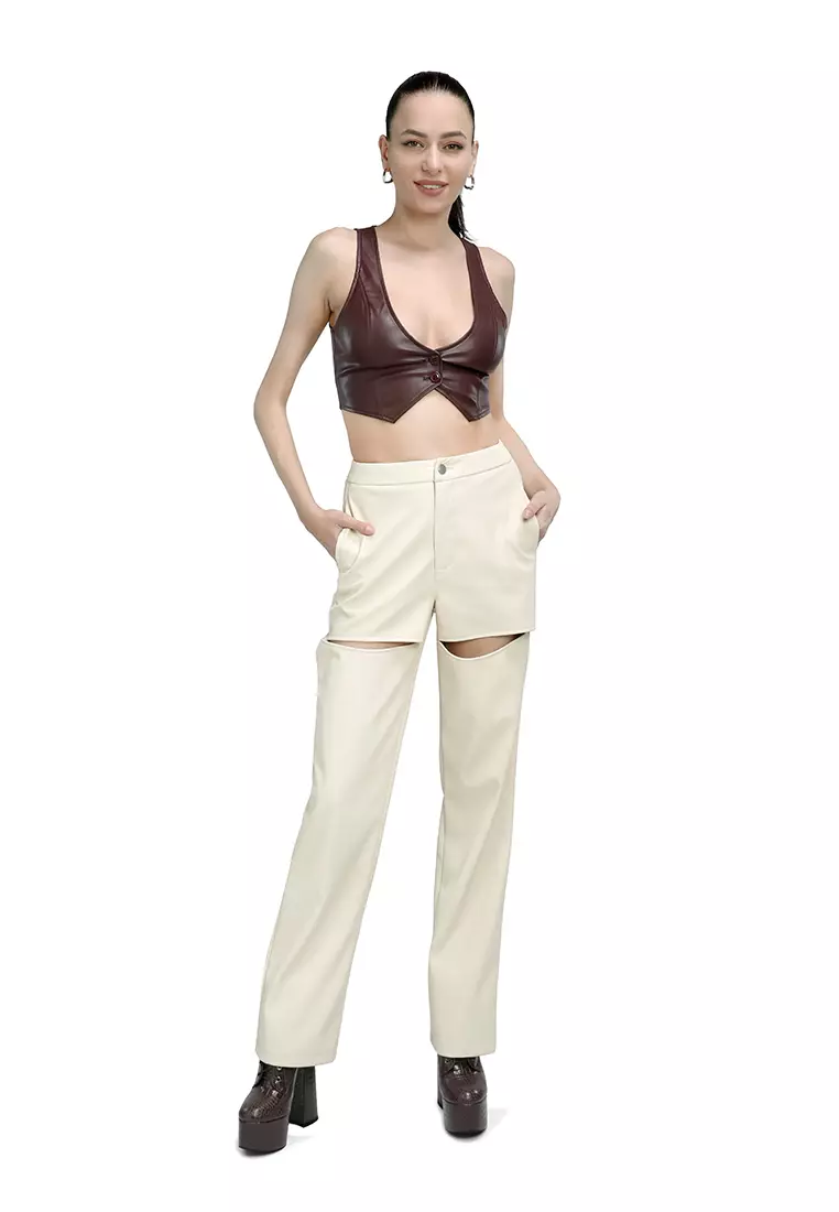 Celana Kulit Imitasi Potongan Krim