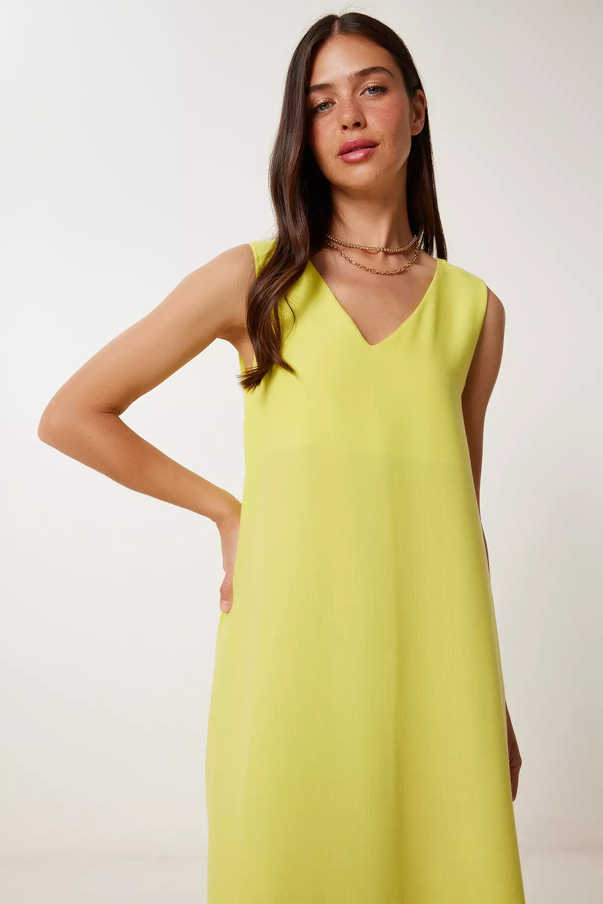 Women's Yellow Sleeveless Basic Summer Linen Dress Dz00128