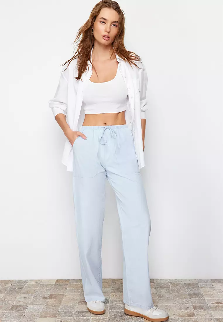 Elastic Waist High Waist Wide Leg Jeans