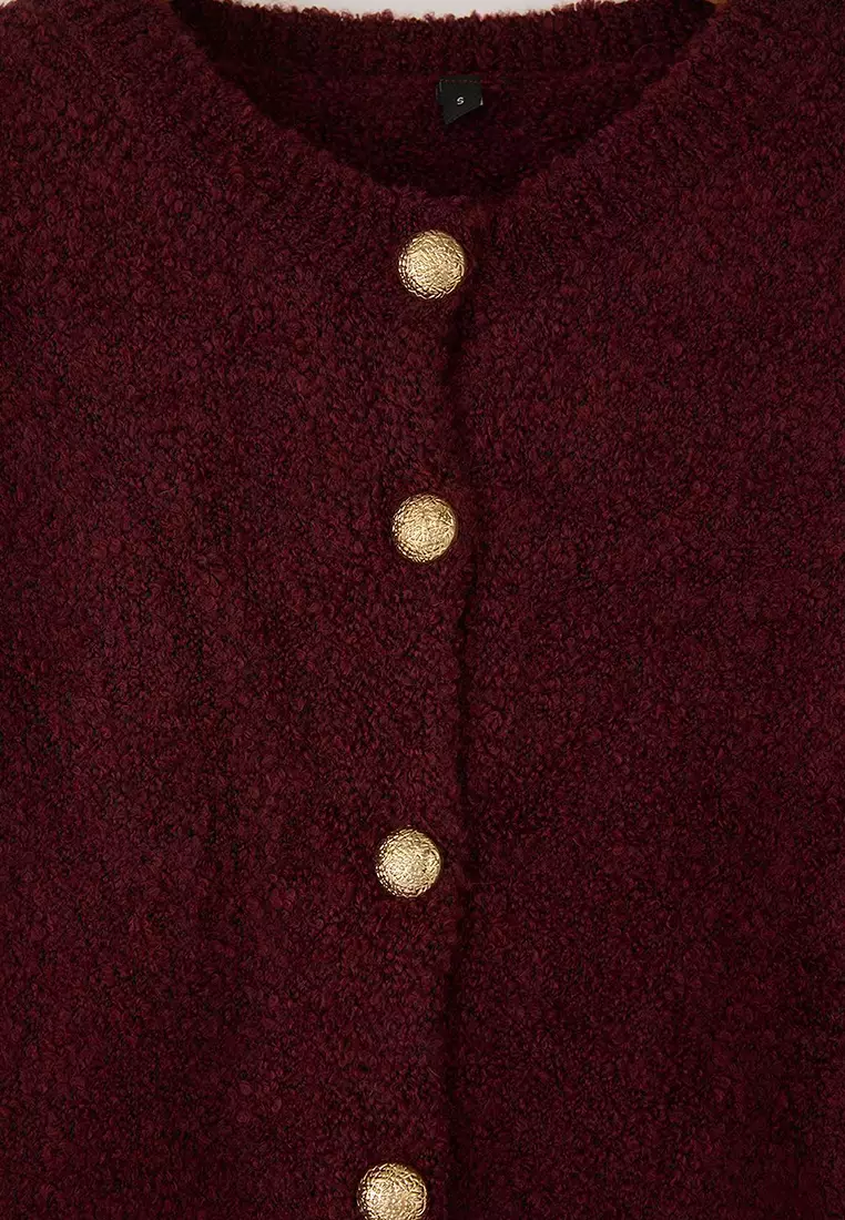 Burgundy Button Detailed Soft Textured Knitwear Cardigan