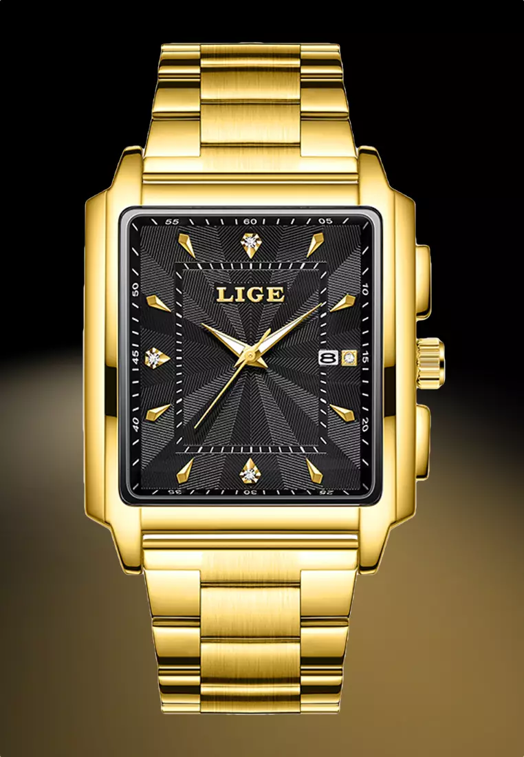 Unisex IP Gold Stainless Steel Quartz Watch, Black dial, IP Gold Steel Bracelet