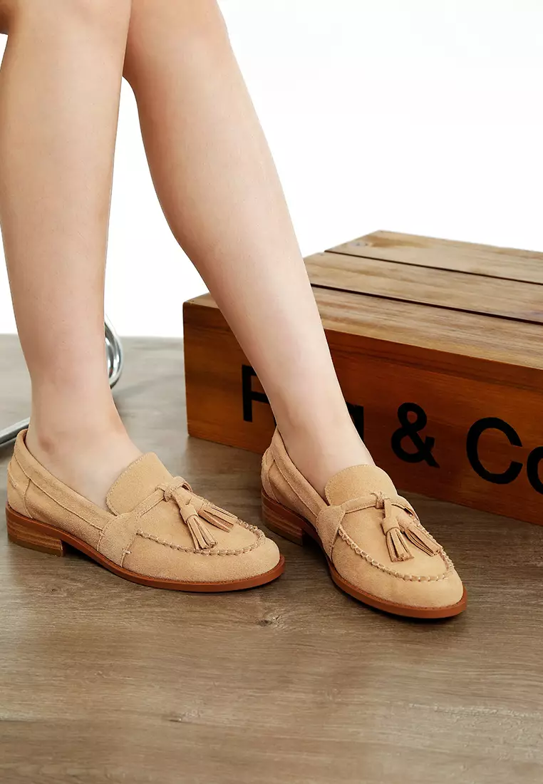 Beige Tassels Detail Suede Loafers