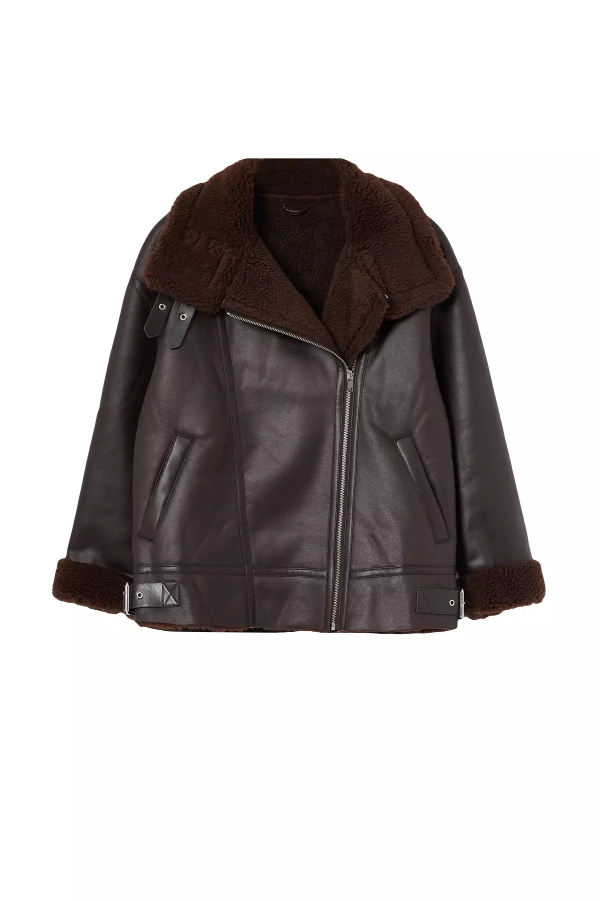 Dark Brown Regular Fit Collar Belt Detailed Plush Suede Biker Jacket Coat Twoaw25Mo00011