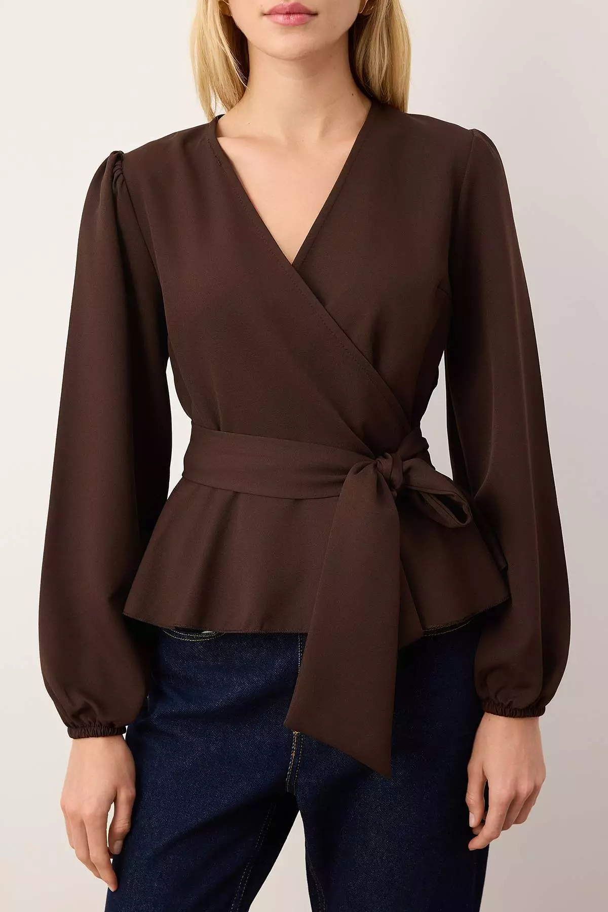 Brown Double-Breasted Woven Blouse With Tie Detail Twoaw2Bz189