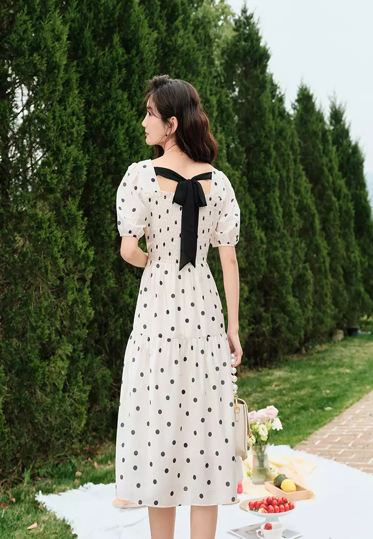 Square Neck Smocked Waist Polka Dot Dress