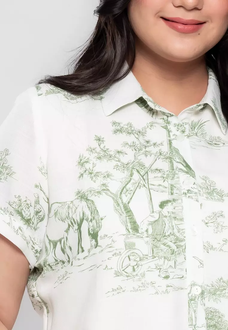 Milly Plus Size Magnolia Flounce Hem Shirt Dress in Graphic Nature Print