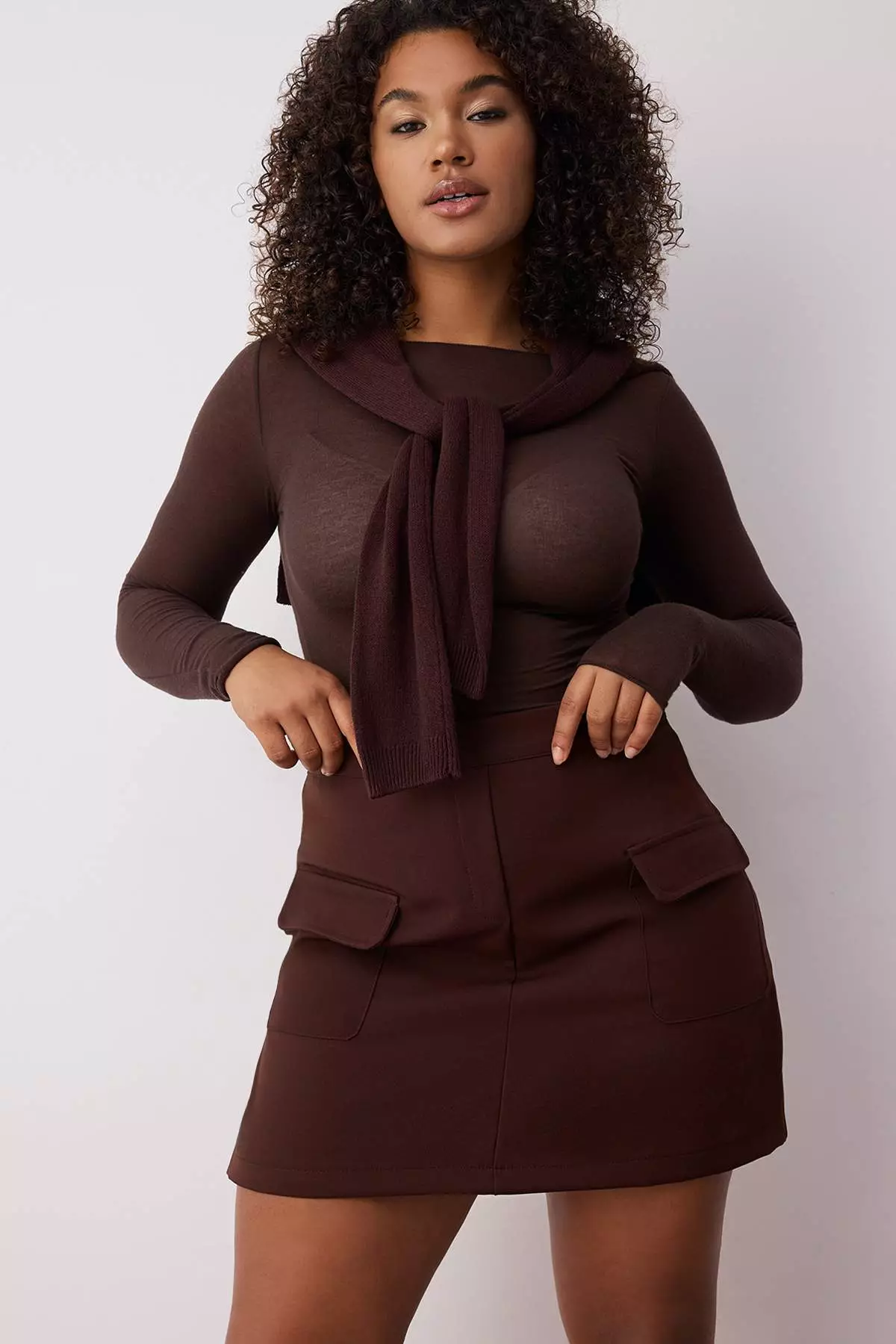 Brown Pocket Pencil Double Fabric Plus Size Skirt Tbbss23Az00051