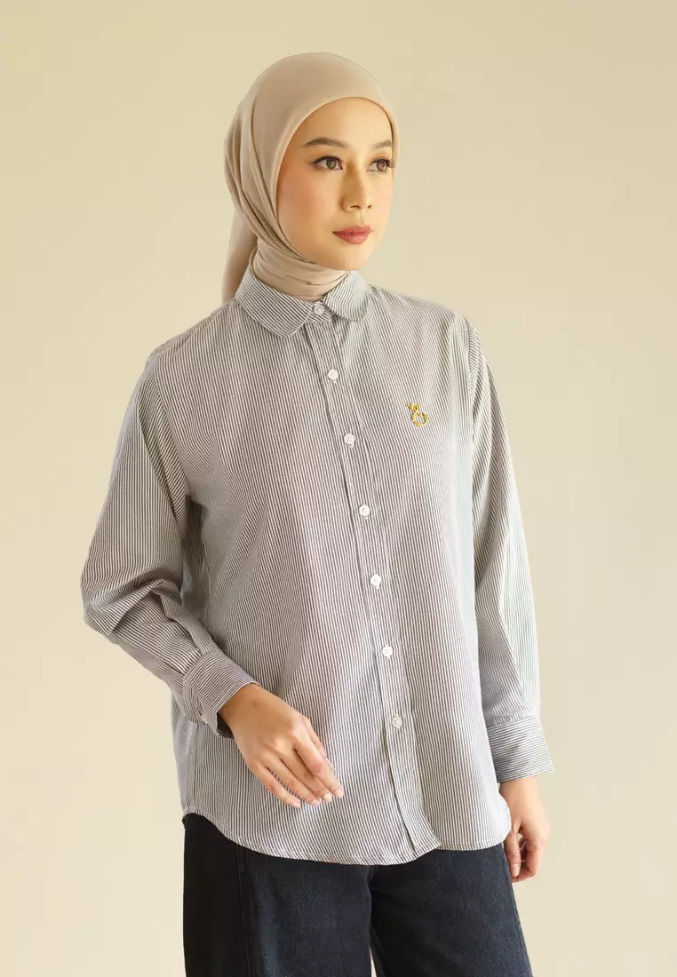 Jenna and Kaia - Athaya Top Stripe Black - Kemeja Wanita Lengan Panjang