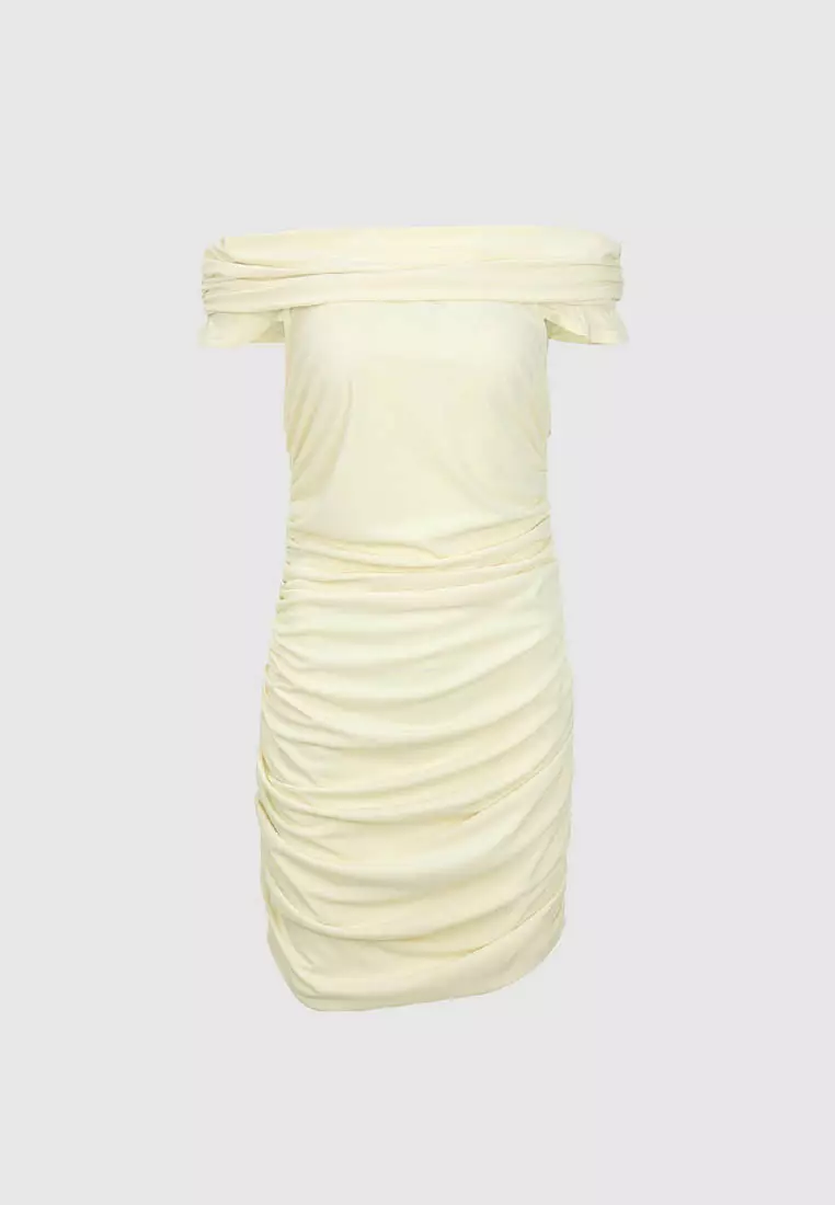 UR夏季新款女装魅力氛围感褶皱一字露肩连衣裙UWG740129