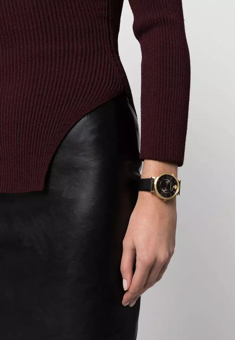 Versace V-Eternal Black Leather Analog Quartz Watch For Women VEJL00222