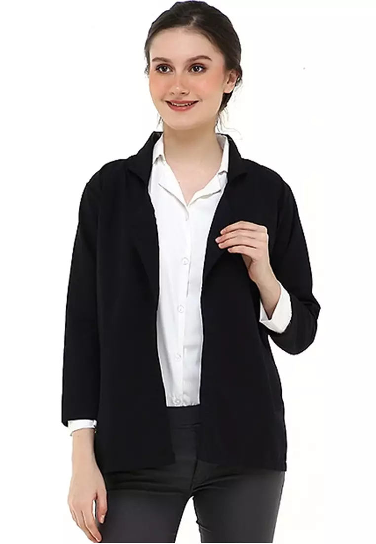 Qemsya Jas Blazer Wanita Long Outer Casual Suit Material Baby Canvas ORIGINAL - Black