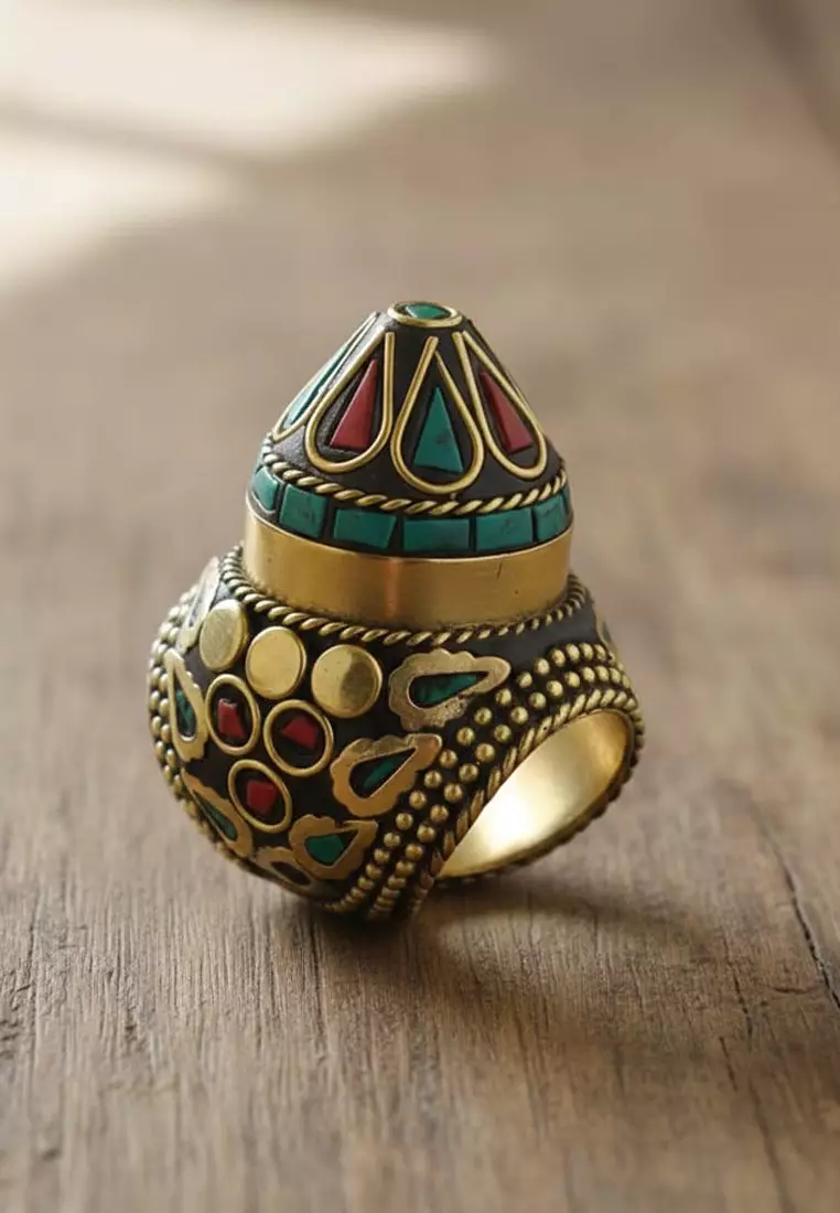 Aksesoris Cincin Wanita Afgan Inlay Mosaic Brass  Ring Gold, Red & Turquoise