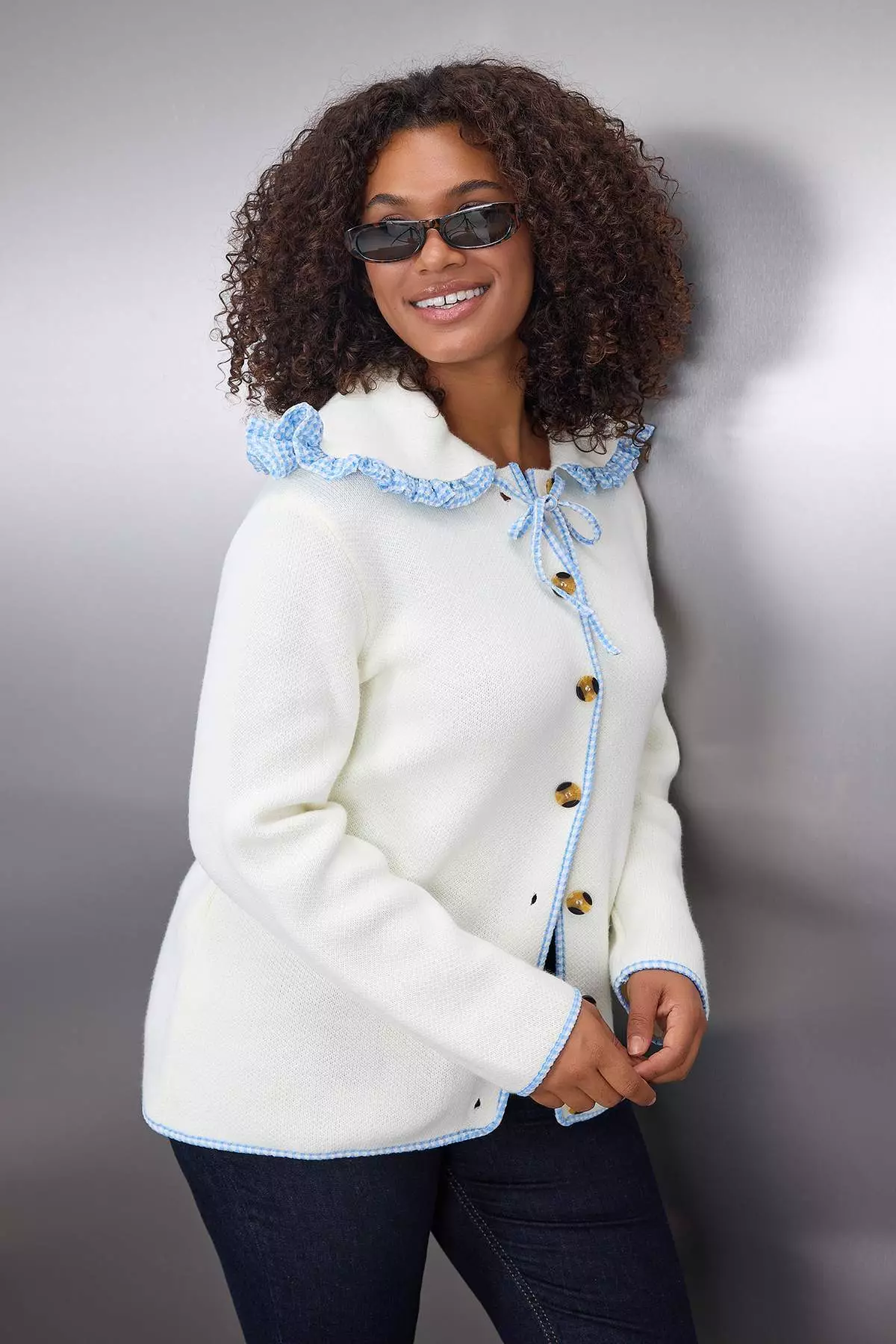 Ecru Soft Texture Turn-Down Collar Knitwear Cardigan