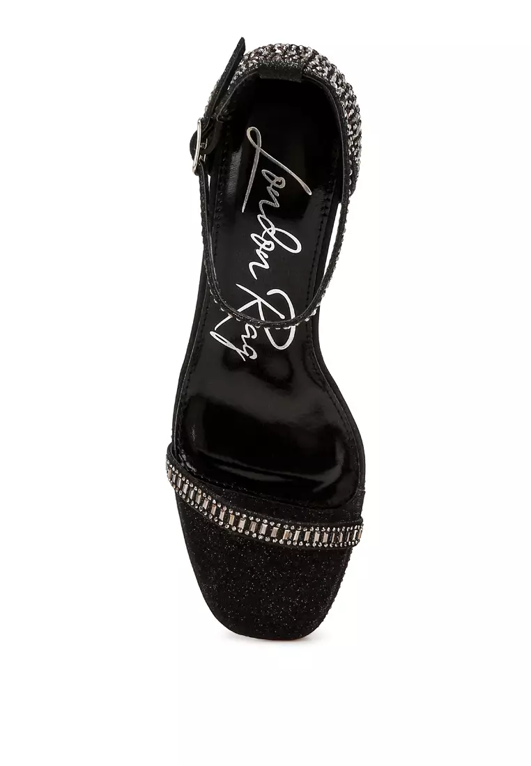 Black Rhinestones Embellished Block Sandals