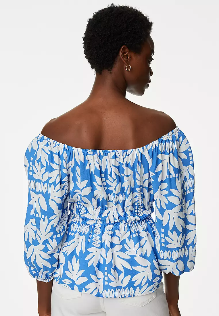 Printed Blouson Sleeve Peplum Top