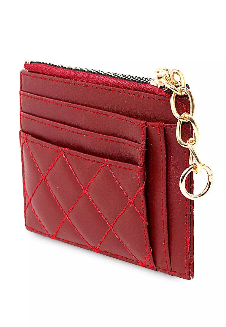 Dompet Kartu Motif Bordir Material Leather Card Holder Mini Wanita 5 Slot + 1 Slot Money - Merah