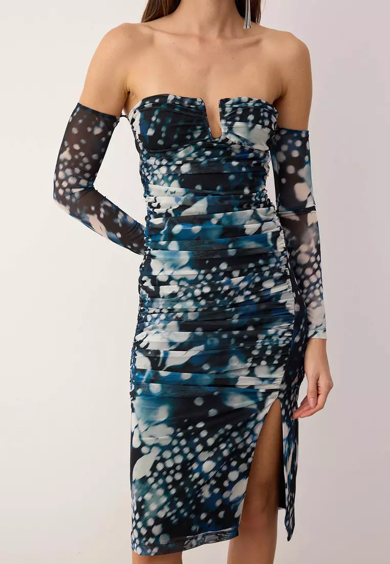 Patterned Bodycon Carmen Collar Lined Tulle Midi Dress