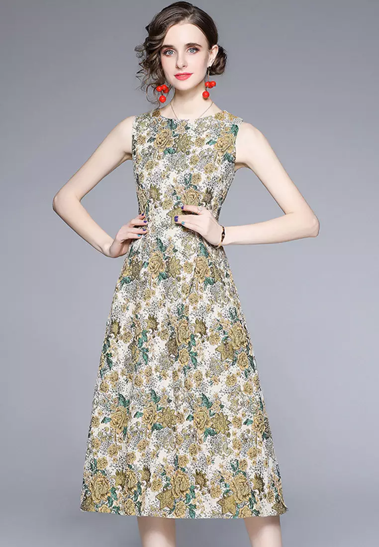 Elegant Sleeveless Jacquard Vest One Piece Dress A22021615