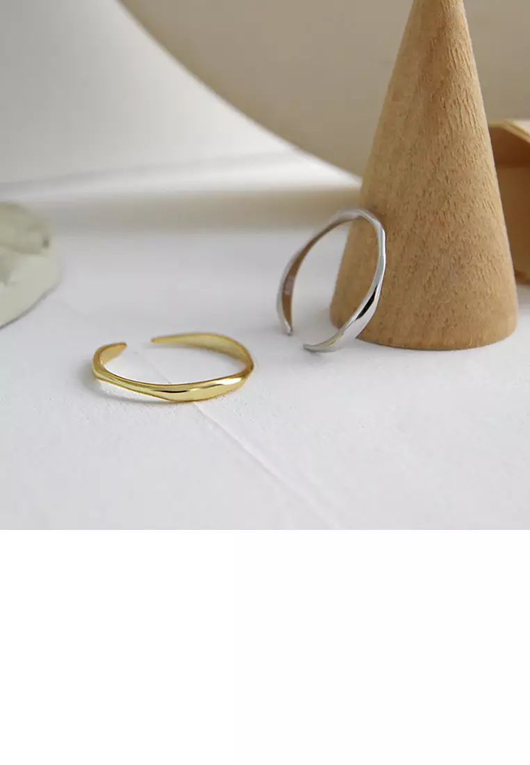 Glamorousky 925 Sterling Silver Plated Gold Simple Temperament Irregular Wave Pattern Geometric Adjustable Opening Ring