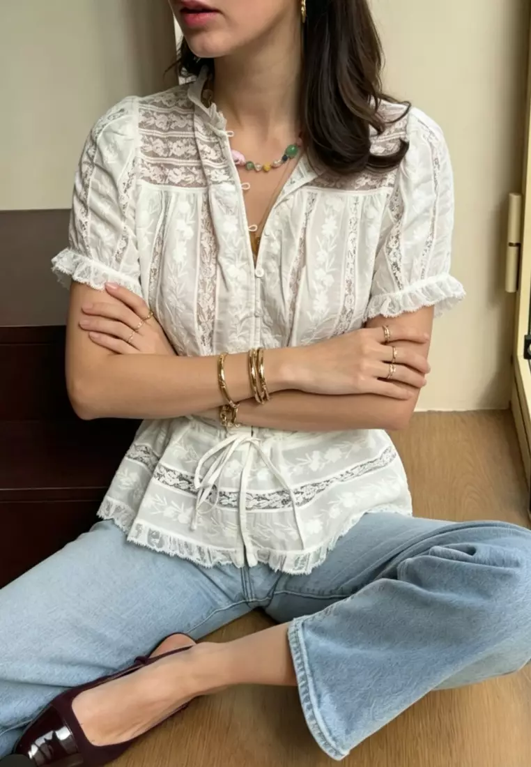 Hollow Lace Waist-Tie Blouse, Short Sleeve Casual Elegant Top CA26041631W