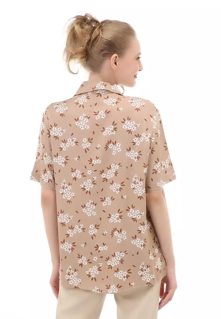 Holly Kemeja Atasan Kasual Wanita Lengan Pendek Motif Flower3 Material Rayon ORIGINAL - Brown