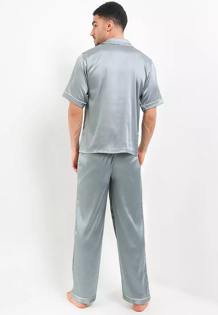 Pyjama Pijama Baju Tidur Satin Silk Kantong Baju Short Sleeve Long Pants Mens Pria Sleepwear