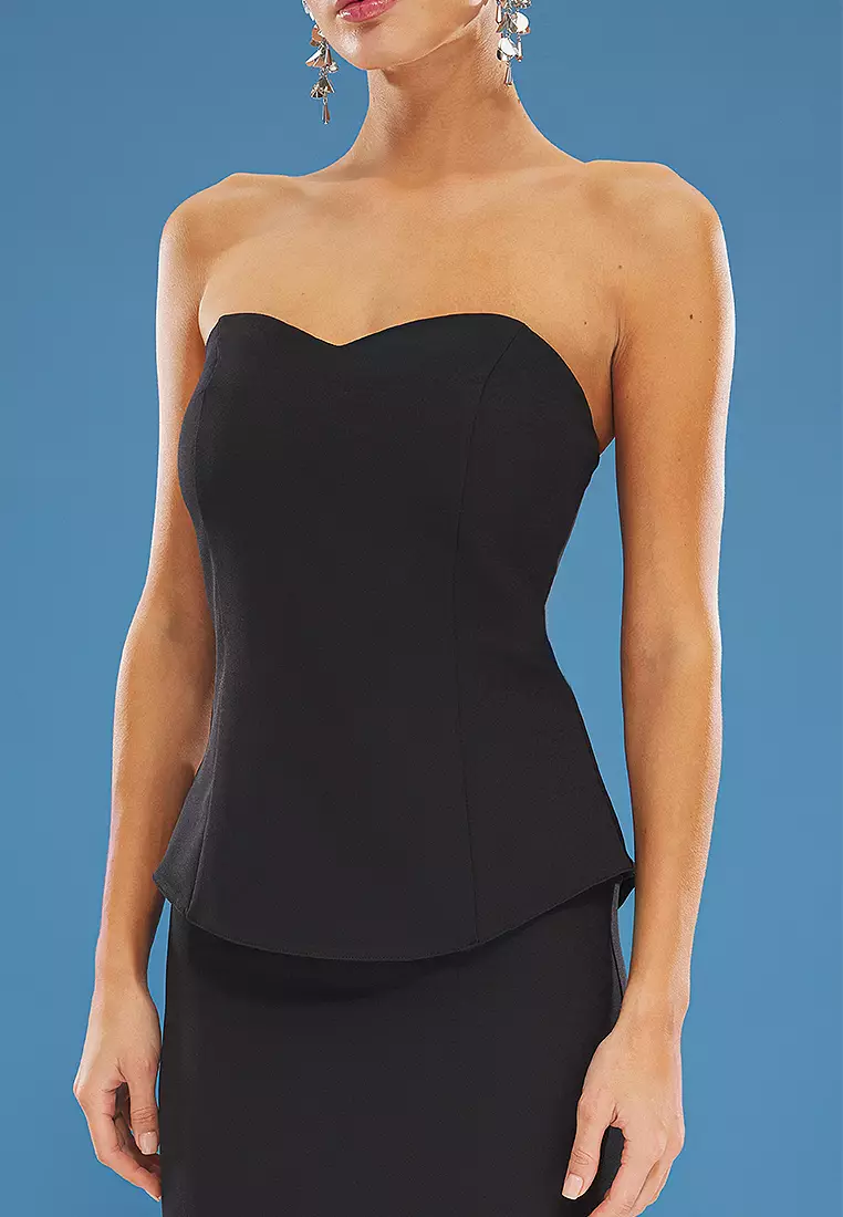 Black Strapless Woven Stylish Top Bottom Set