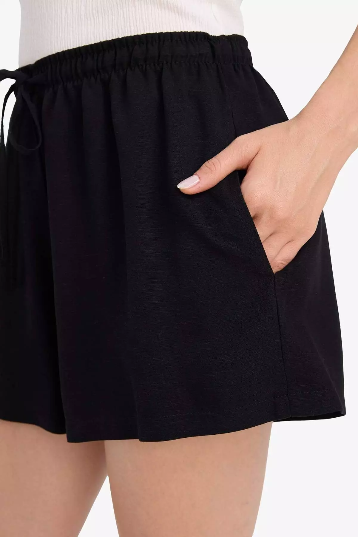 Regular Stretchy Waisted Pockets Linen Blend White Shorts F3181Ax25Sm