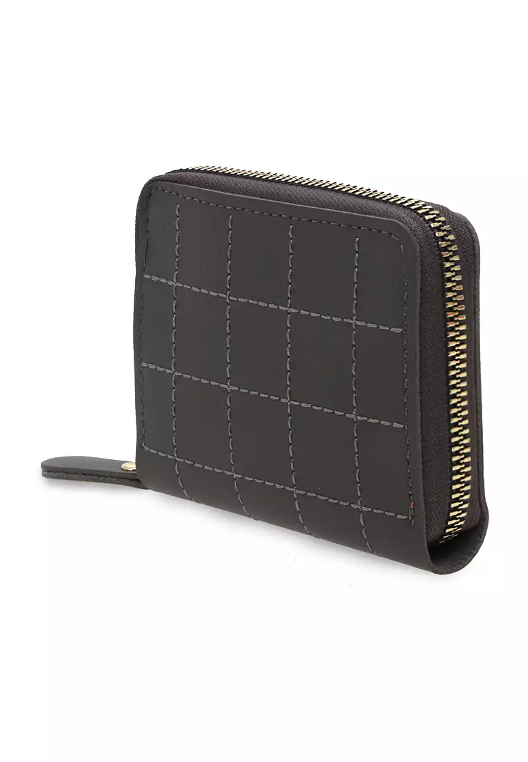 Dompet Zip Motif Kotak-Kotak Design Casual Small Wallet Premium Quality - Abu
