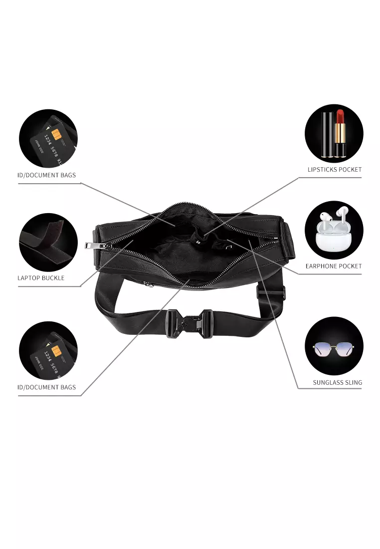 Loren 女士流浪包 單肩包 斜挎包 可調節肩帶長度 防水面料 快速拆解運動扣-黑色