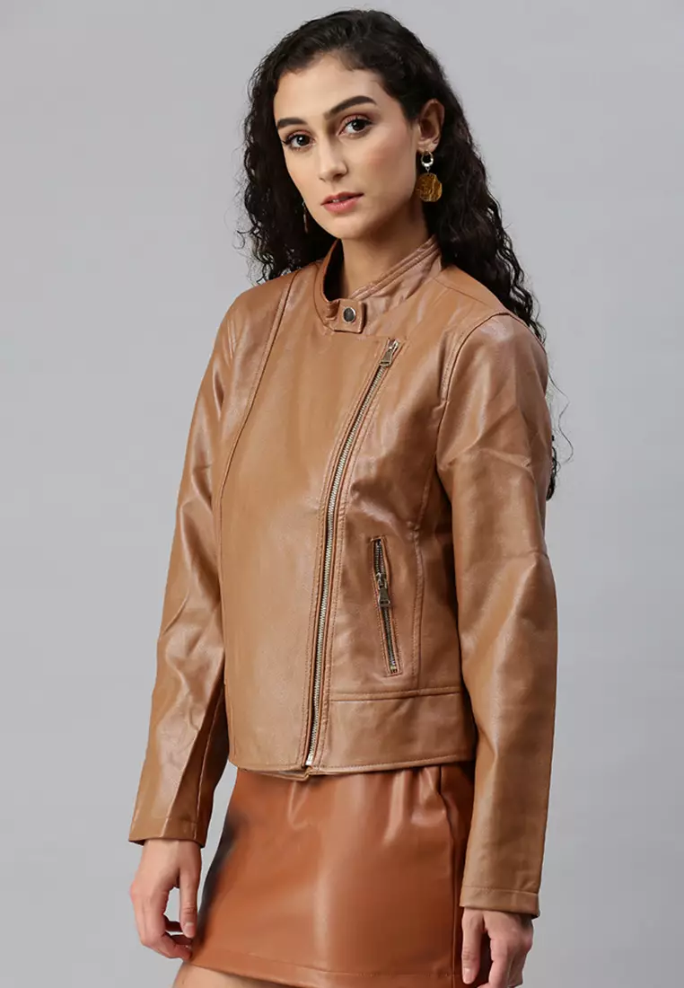 camel leather biker jacket