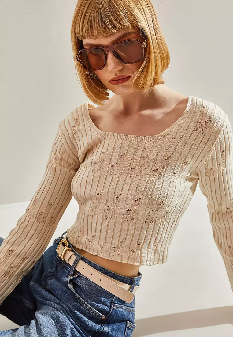 Women's Square Collar Long Sleeve Thin Openwork Blouse 60251084