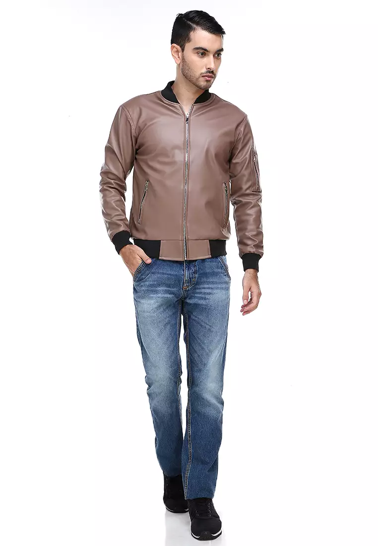 Clover Jaket Bomber Pria Now Ori Soft Material Leather Kulit ORIGINAL - Mocca