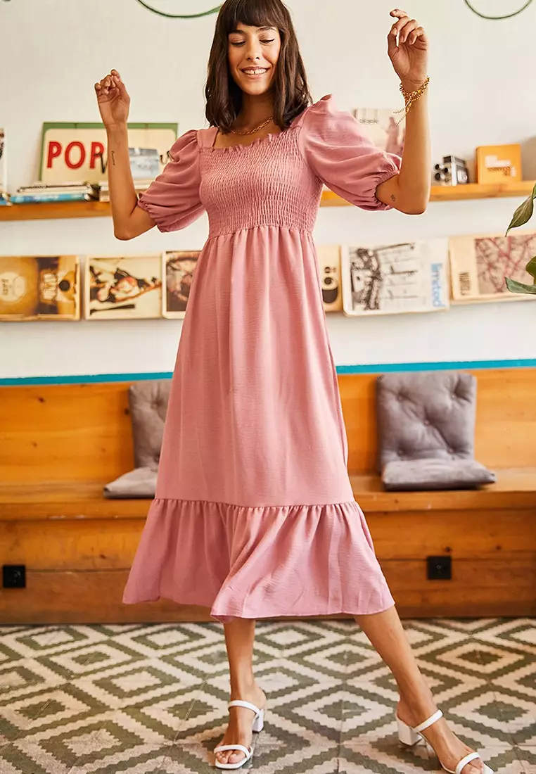 Square Neck Shirring Dress