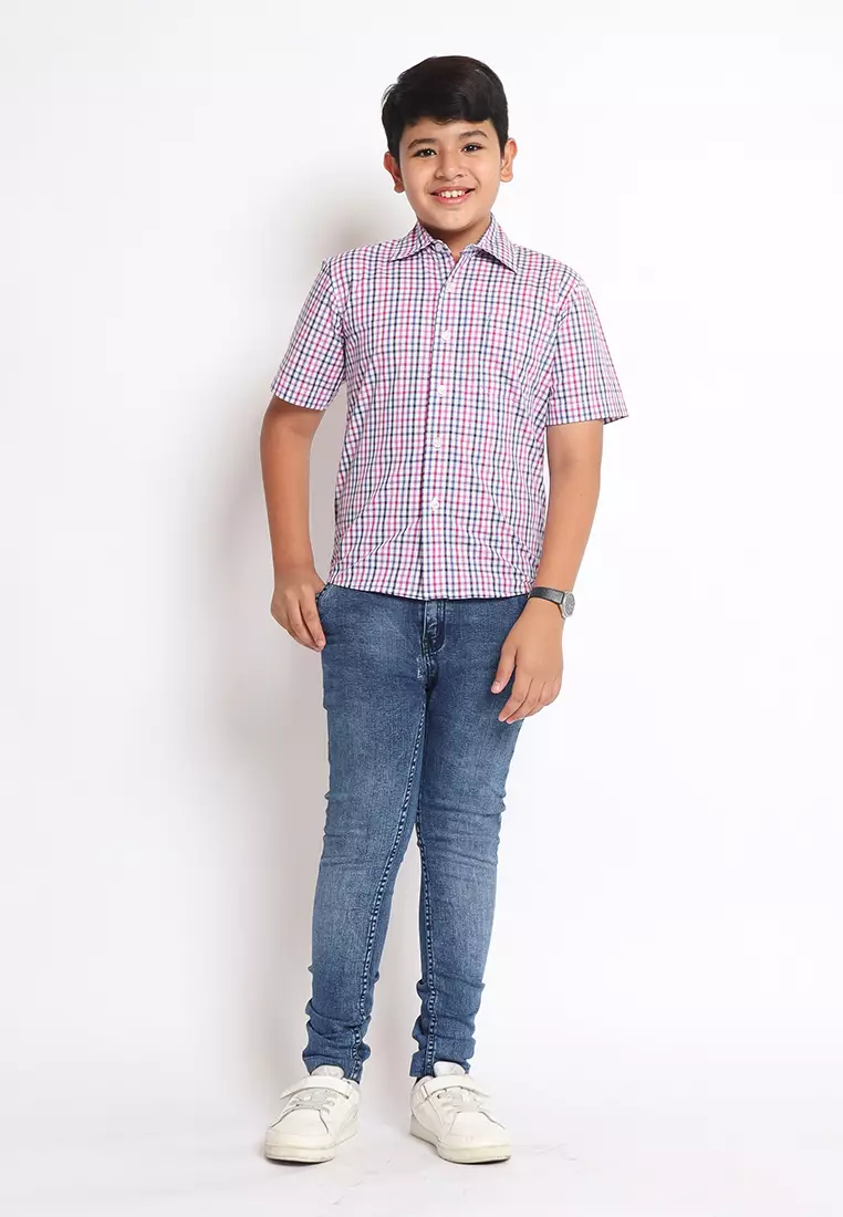 Kemeja Anak Laki Lengan Pendek Kotak White Purple - BRIGHT