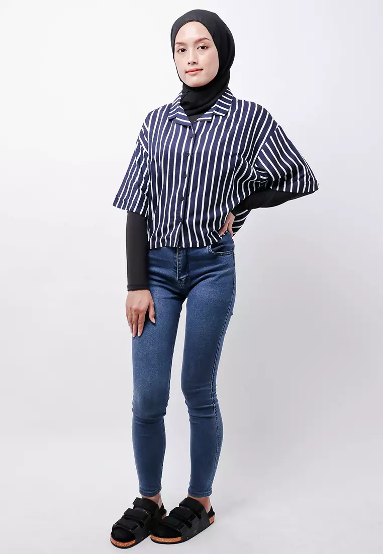 FTA58 Lkm Kemeja Oversize Wanita Tangan Pendek Tripe Putih Navy