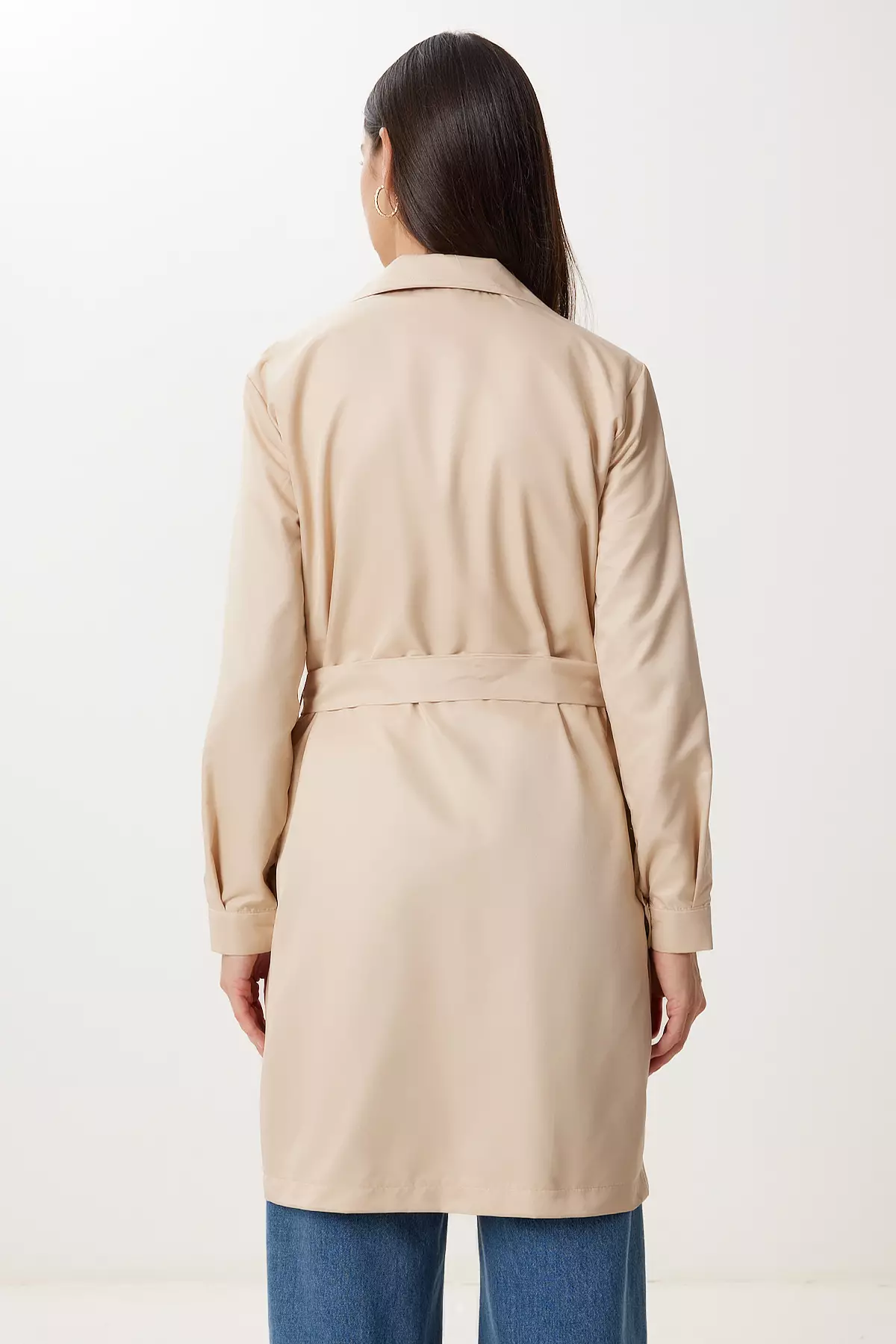 Women's Cream Double Breasted Collar Belted Seasonal Trench Coat Dd01374