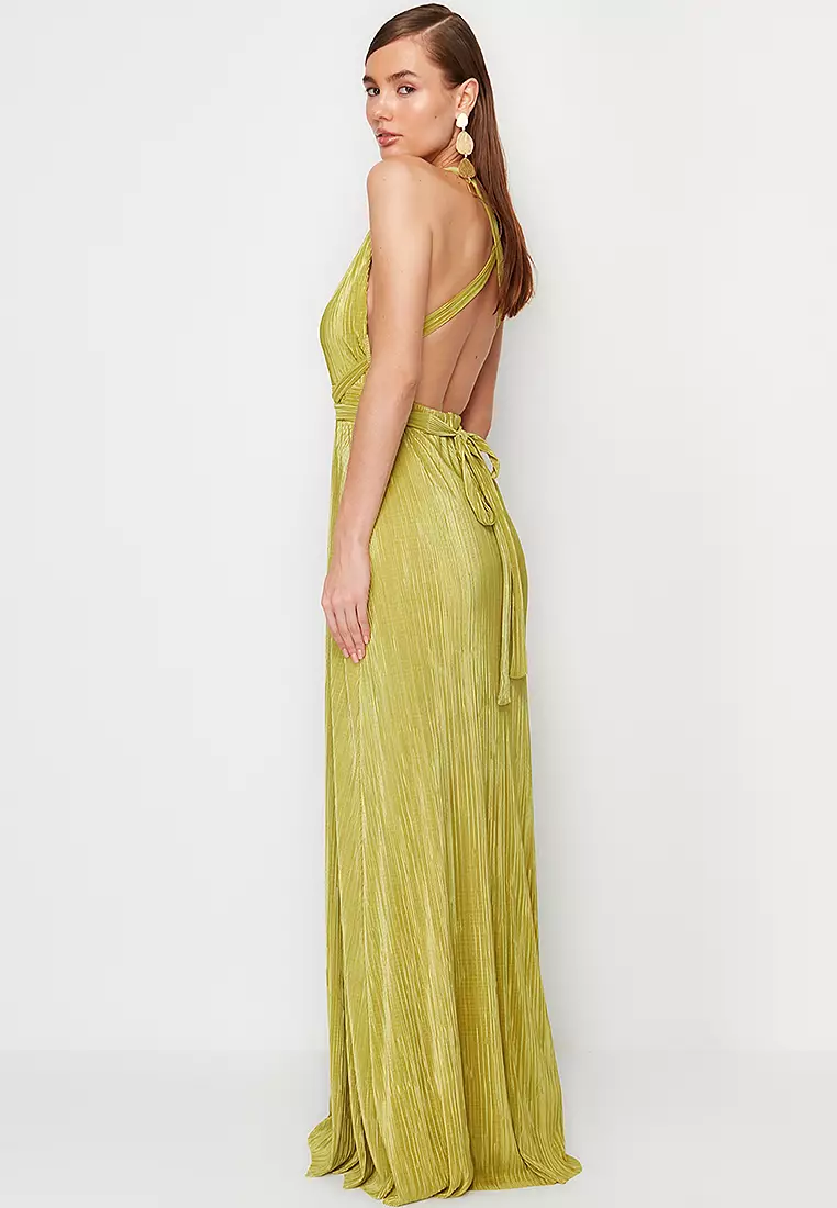 A-Cut Belted Lined Long Elegant Evening Dress