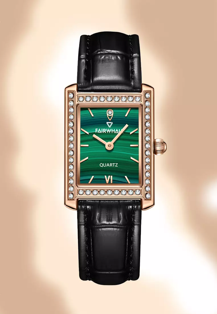 女士 IP 玫瑰金色不鏽鋼石英手錶，24 毫米，鋪滿水晶，孔雀石錶盤，黑色皮錶帶