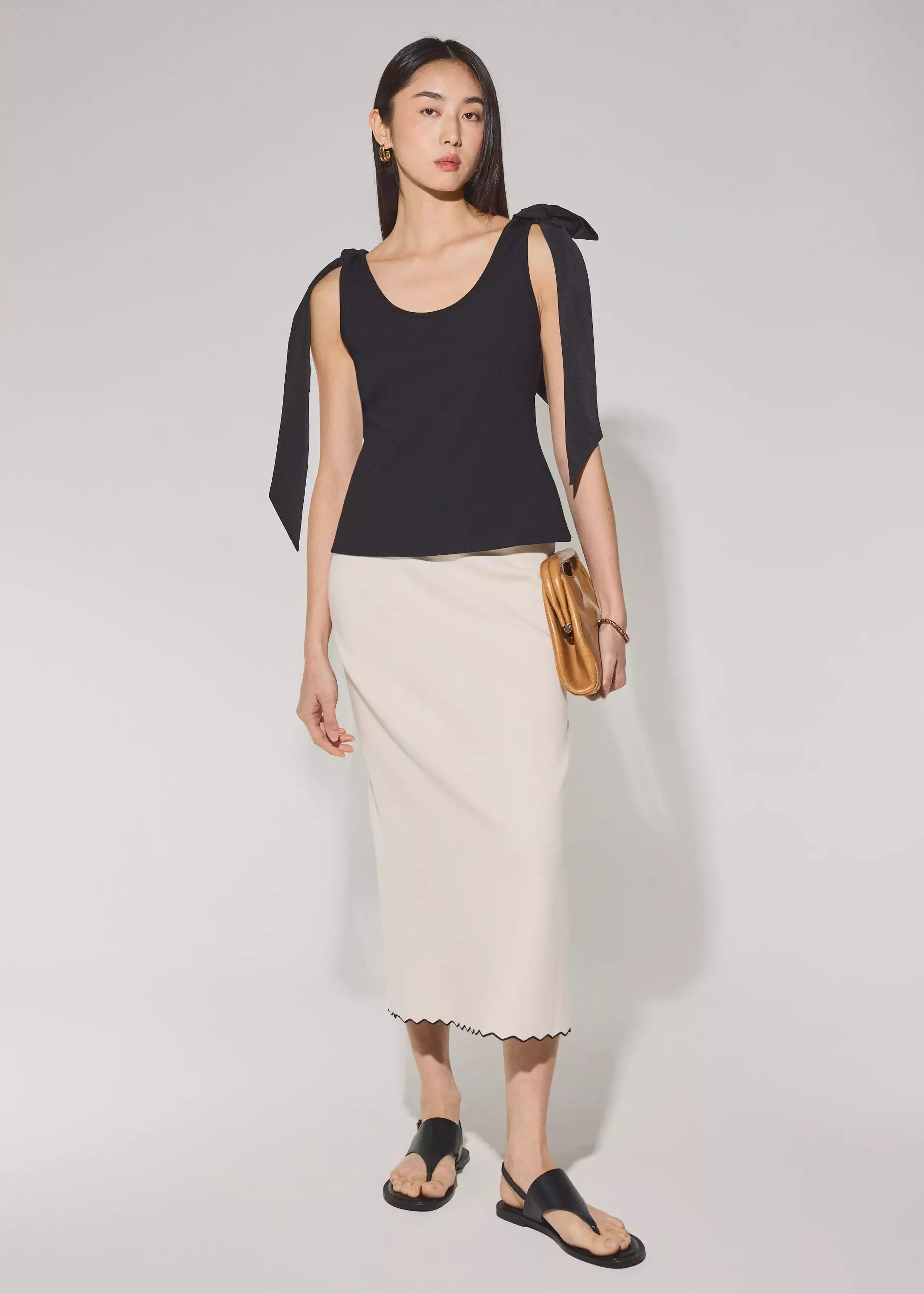 Atasan Wanita - Ribbon Tie Scoop Neck Fitted Top