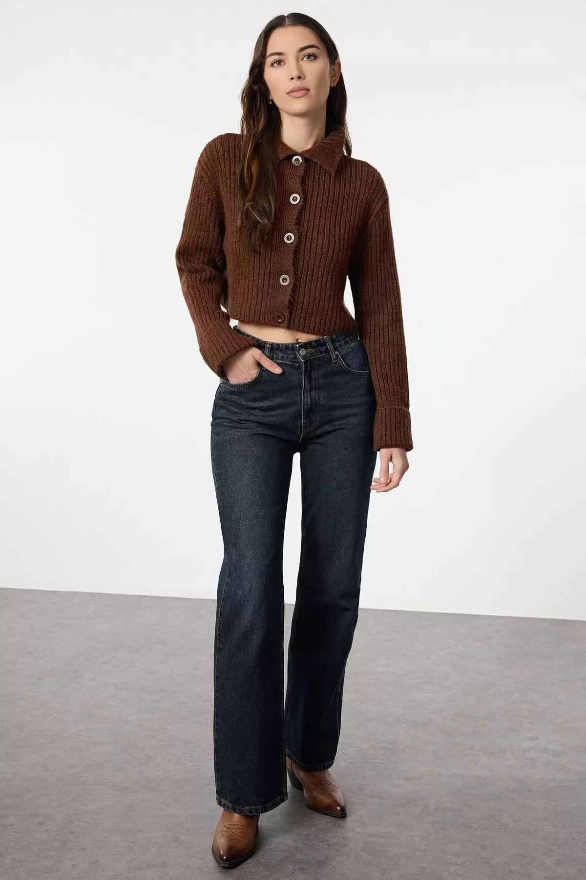 Brown Crop Soft Textured Stand Collar Knitwear Cardigan